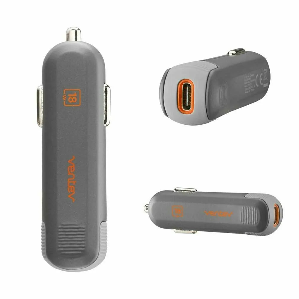A set of three images showing a gray and orange Vibe Ultra Fast Type C Car Charger with a USB-C connector.
