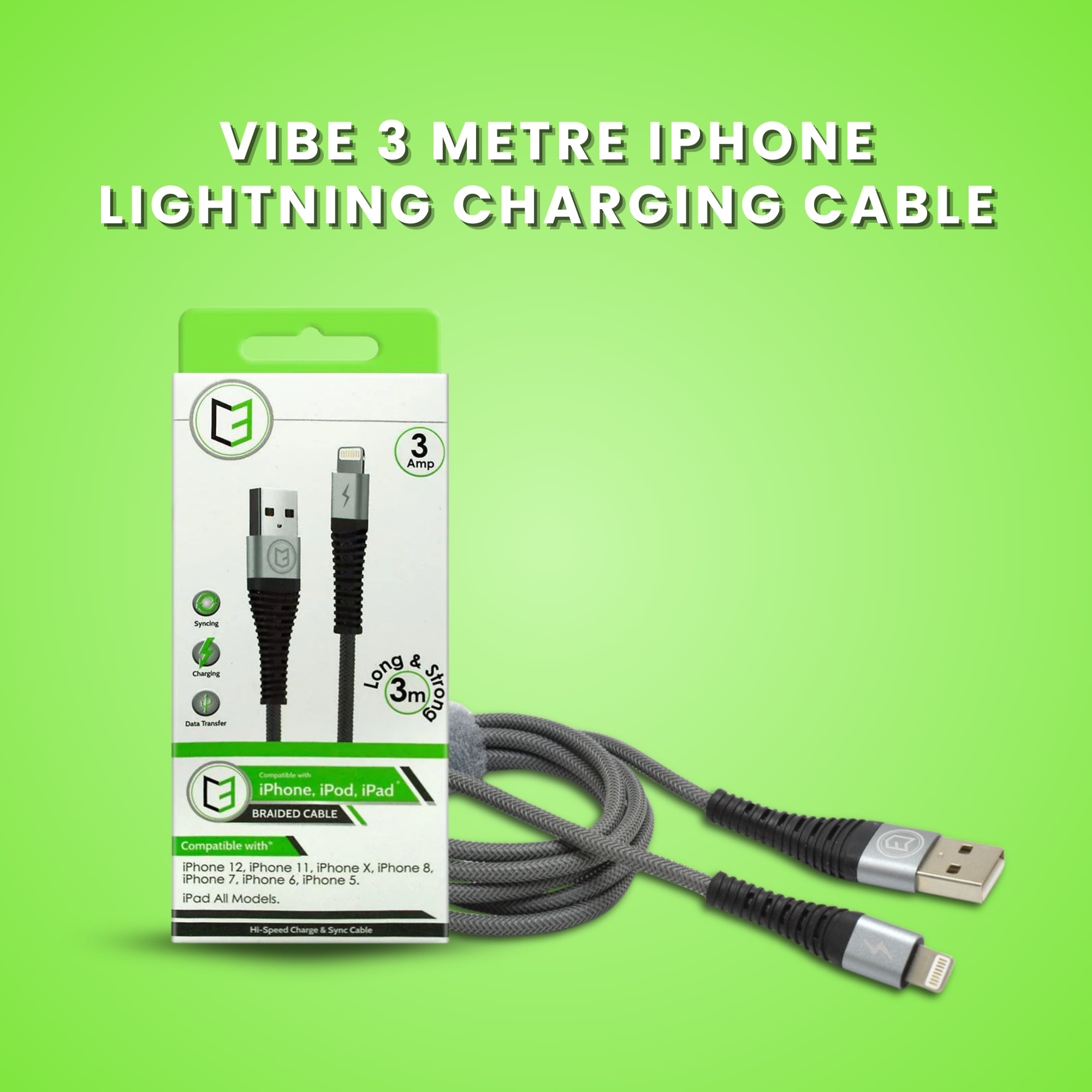 Vibe 3 Metre iPhone Lightning Charging Cable For iPhones and iPads