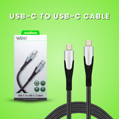 Packaging of Vibe Fast Charging Type C to Type C Cable, displaying the cable and its compatible devices.