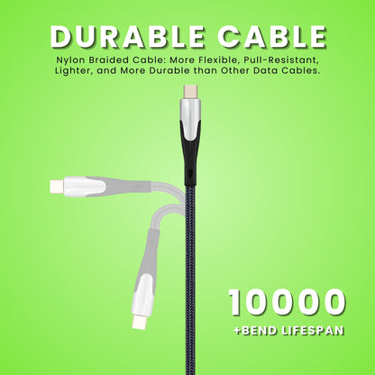 Vibe Fast Charging Type C to Type C Cable, displaying the cable is durable with 10000+ bend test lifespan.