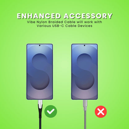 Vibe Fast Charging Type C to Type C Cable, displaying the cable connected to phone.