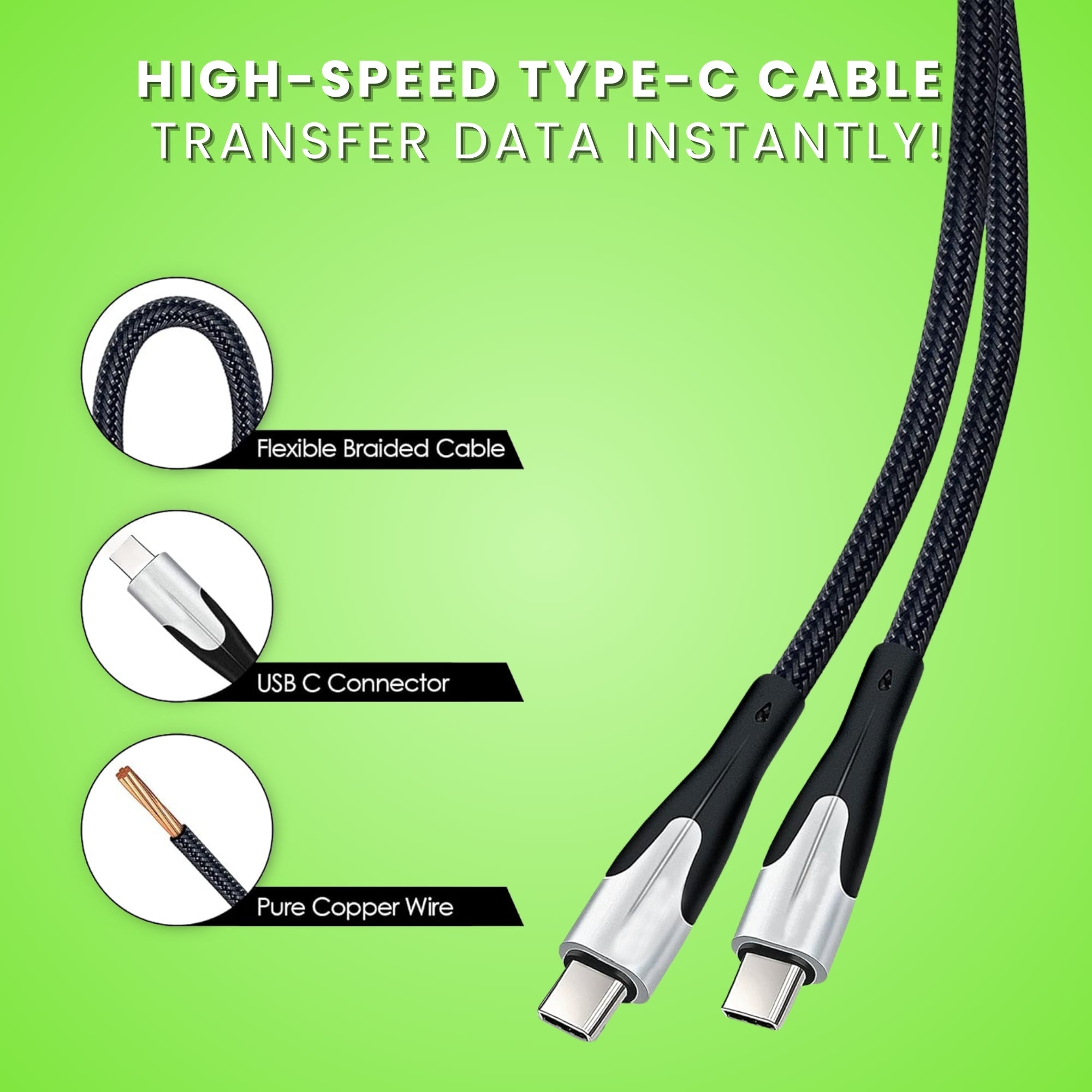 Vibe Fast Charging Type C to Type C Cable, displaying the cable provides high speed data transfer.