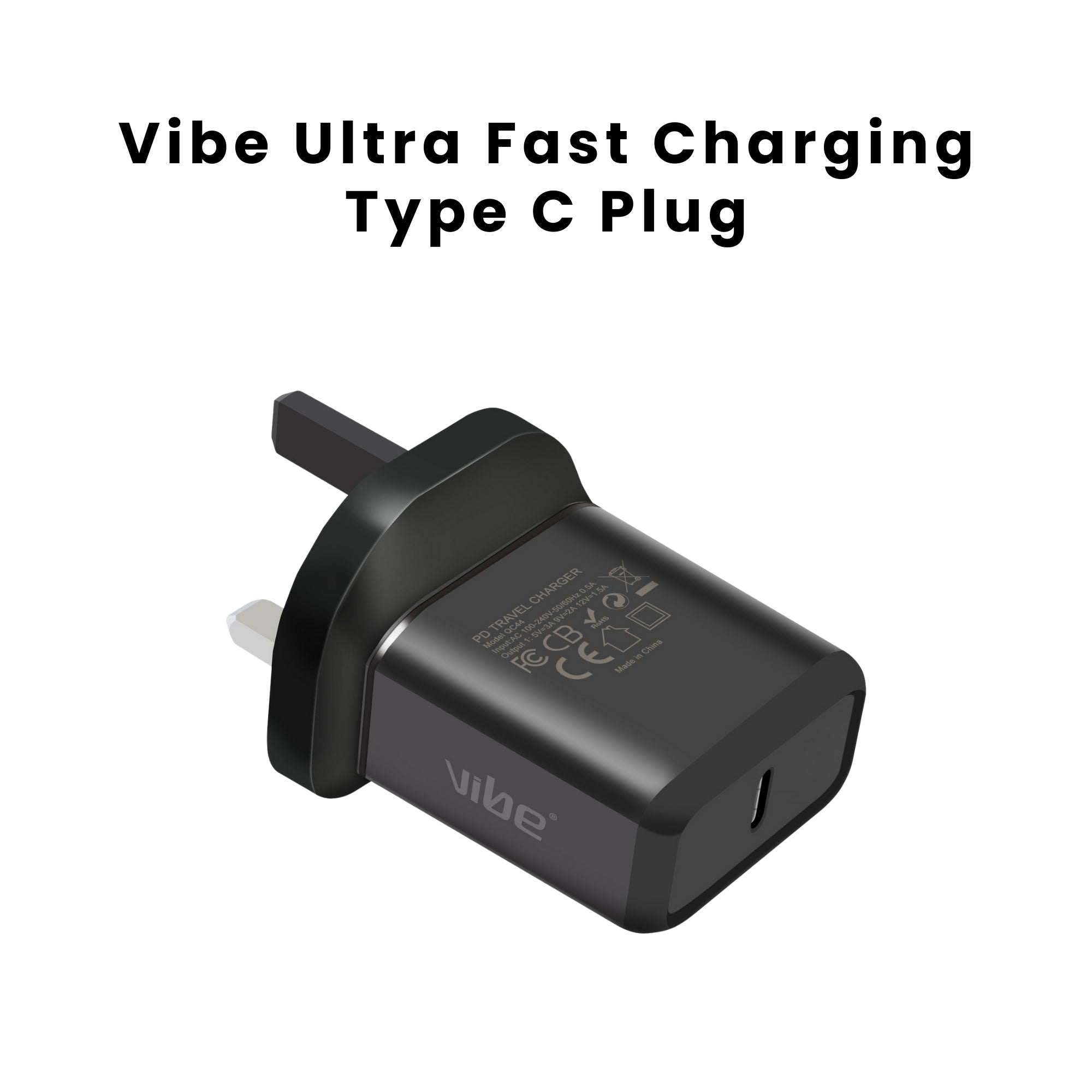 Vibe 18W Ultra Fast Charging Type C Plug Travel charger for iPhone and Samsung.