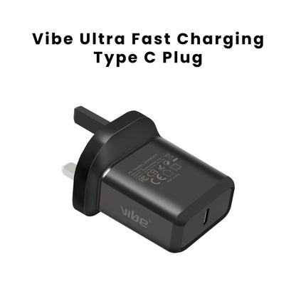 Vibe 18W Ultra Fast Charging Type C Plug Travel charger for iPhone and Samsung.