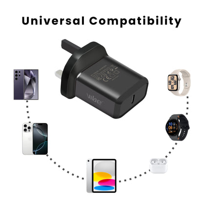 Vibe 18W Ultra Fast Charging Type C Plug Travel charger for iPhone and Samsung along with its compatible devices shown in the image.