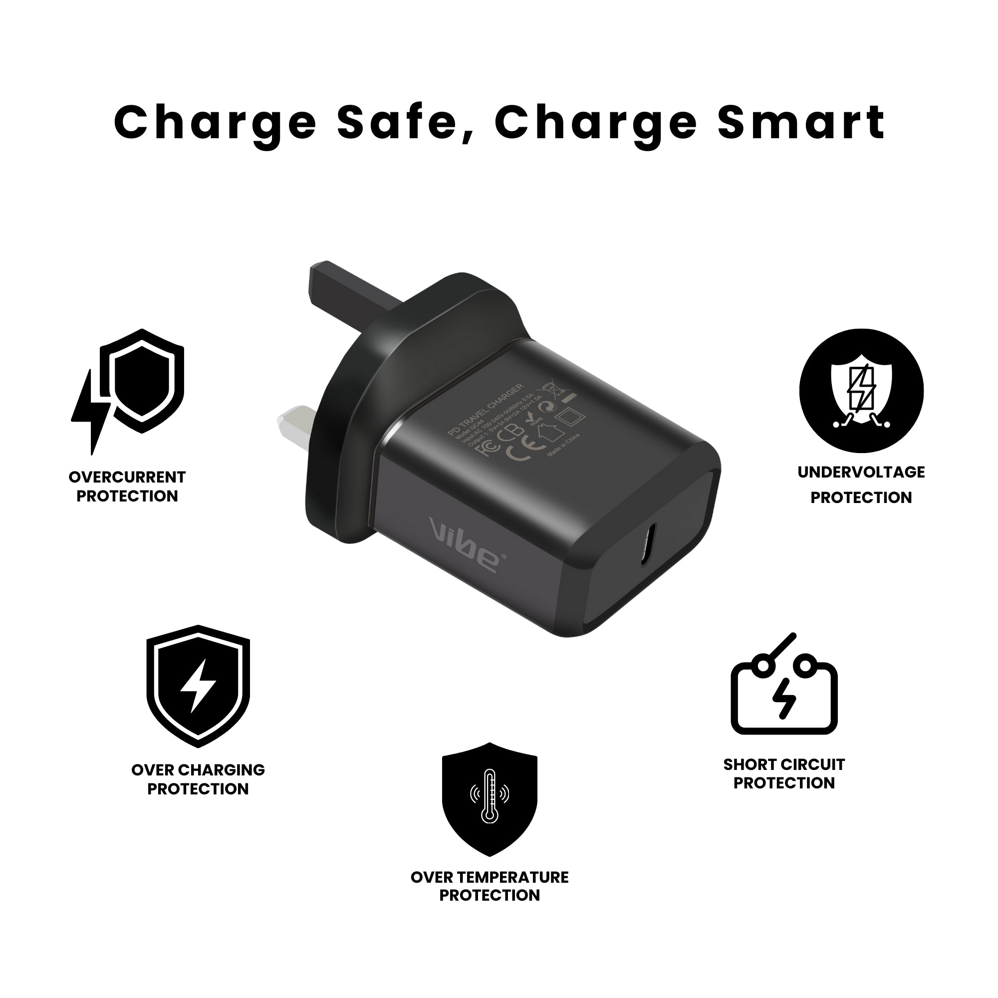 Vibe 18W Ultra Fast Charging Type C Plug Travel charger for iPhone and Samsung along with all its features.