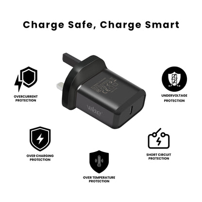 Vibe 18W Ultra Fast Charging Type C Plug Travel charger for iPhone and Samsung along with all its features.
