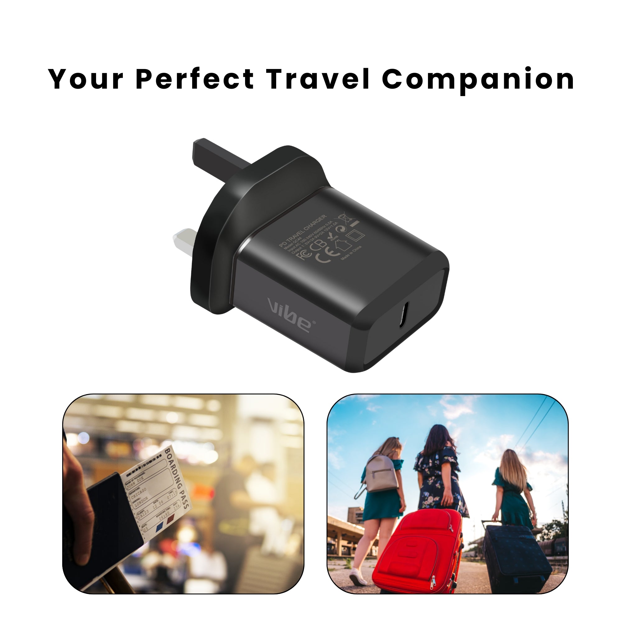 Vibe 18W Ultra Fast Charging Type C Plug Travel charger for iPhone and Samsung.