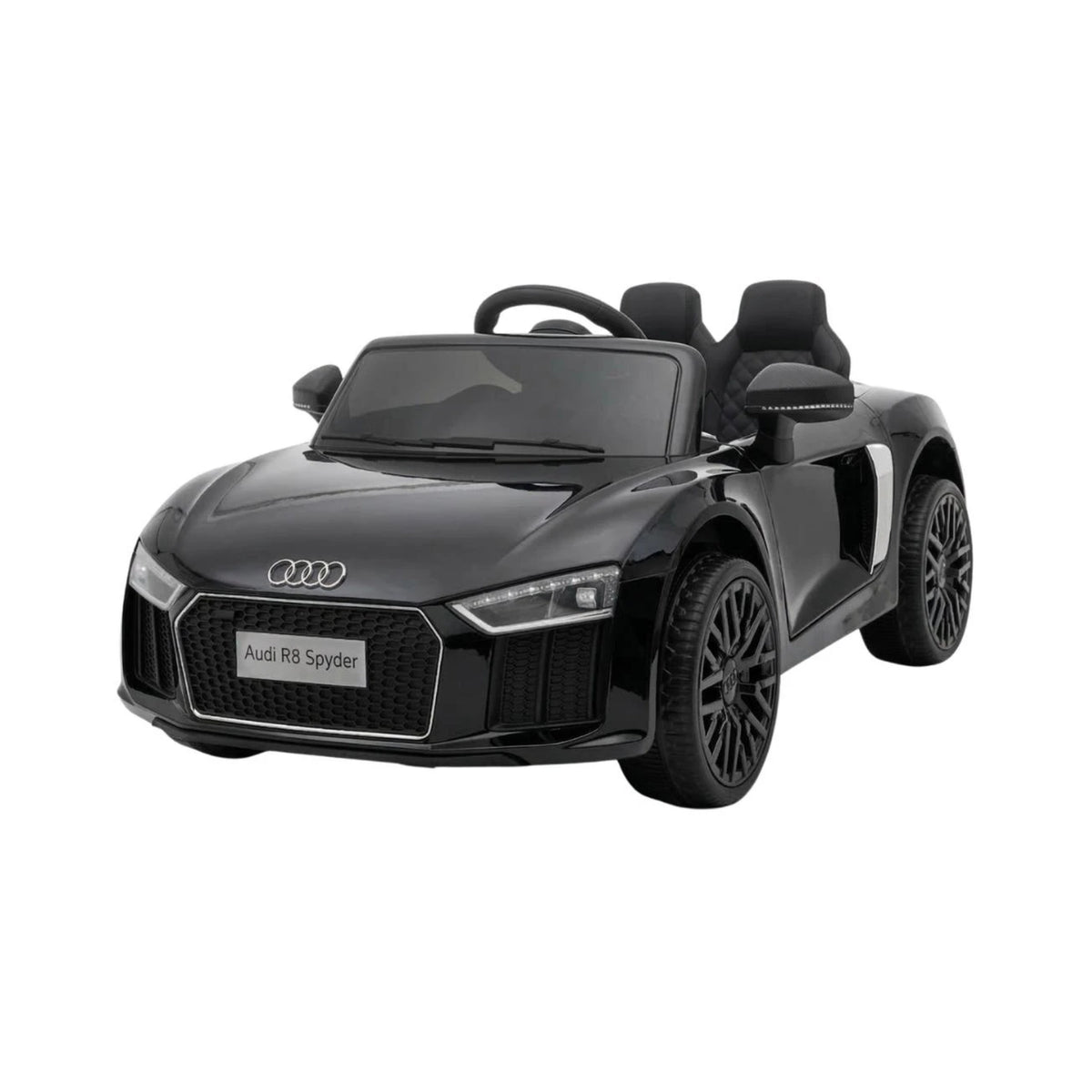 Black Audi R8 Spyder SuperSport 12V kids electric ride-on car with official Audi branding and realistic sports car design
