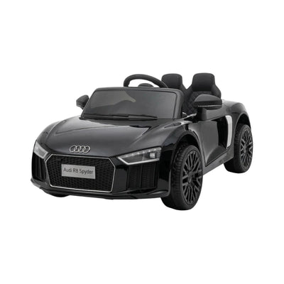 Black Audi R8 Spyder SuperSport 12V kids electric ride-on car with official Audi branding and realistic sports car design