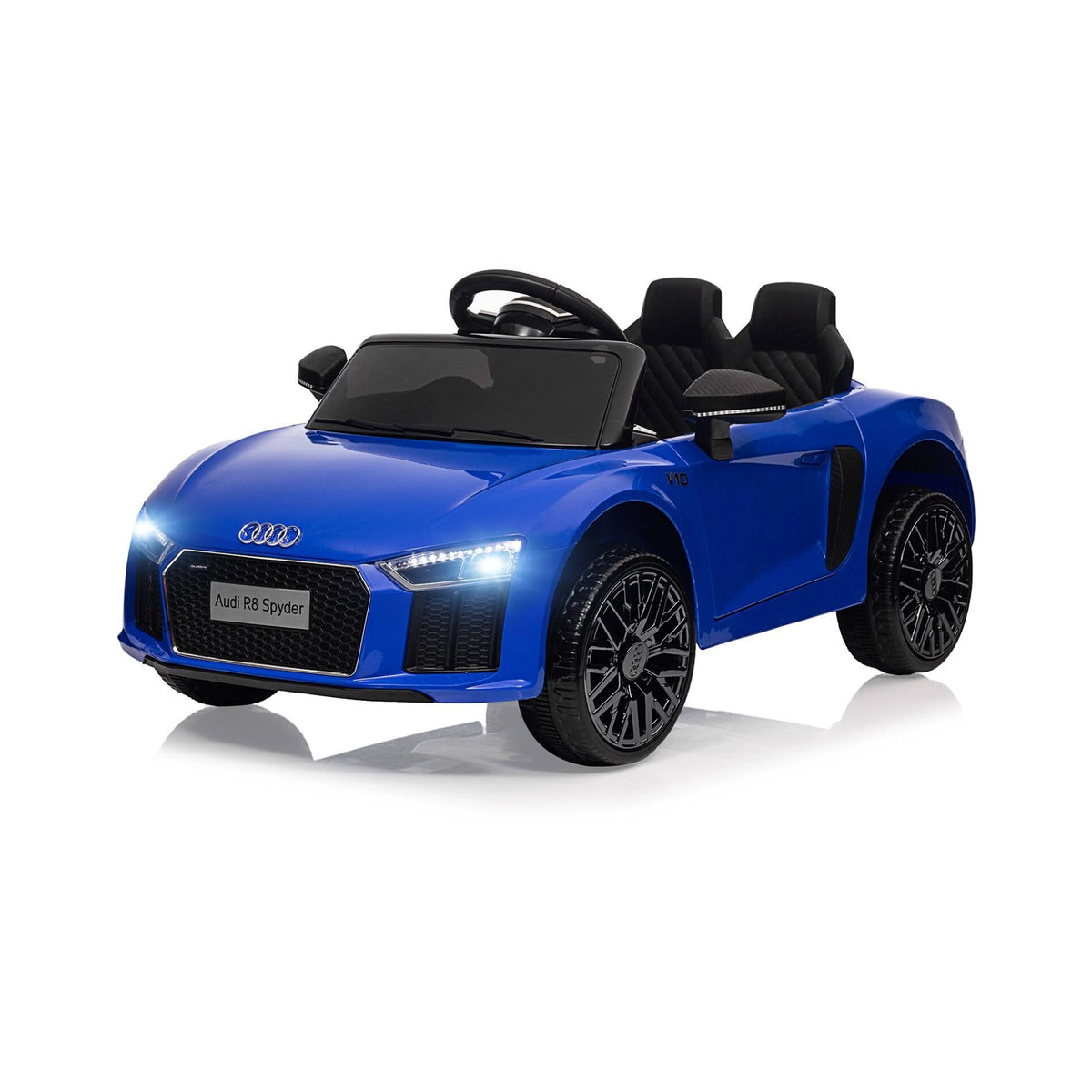 Blue Audi R8 Spyder SuperSport 12V battery-powered kids ride-on car with black wheels and convertible sports car styling