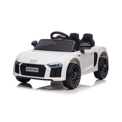 White Audi R8 Spyder SuperSport 12V children's electric ride-on car with realistic headlights and sporty convertible design