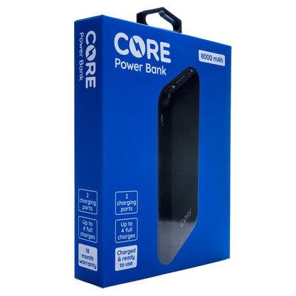A CORE 8000 mAh power bank in black color, packaged in a blue box with product details and branding.