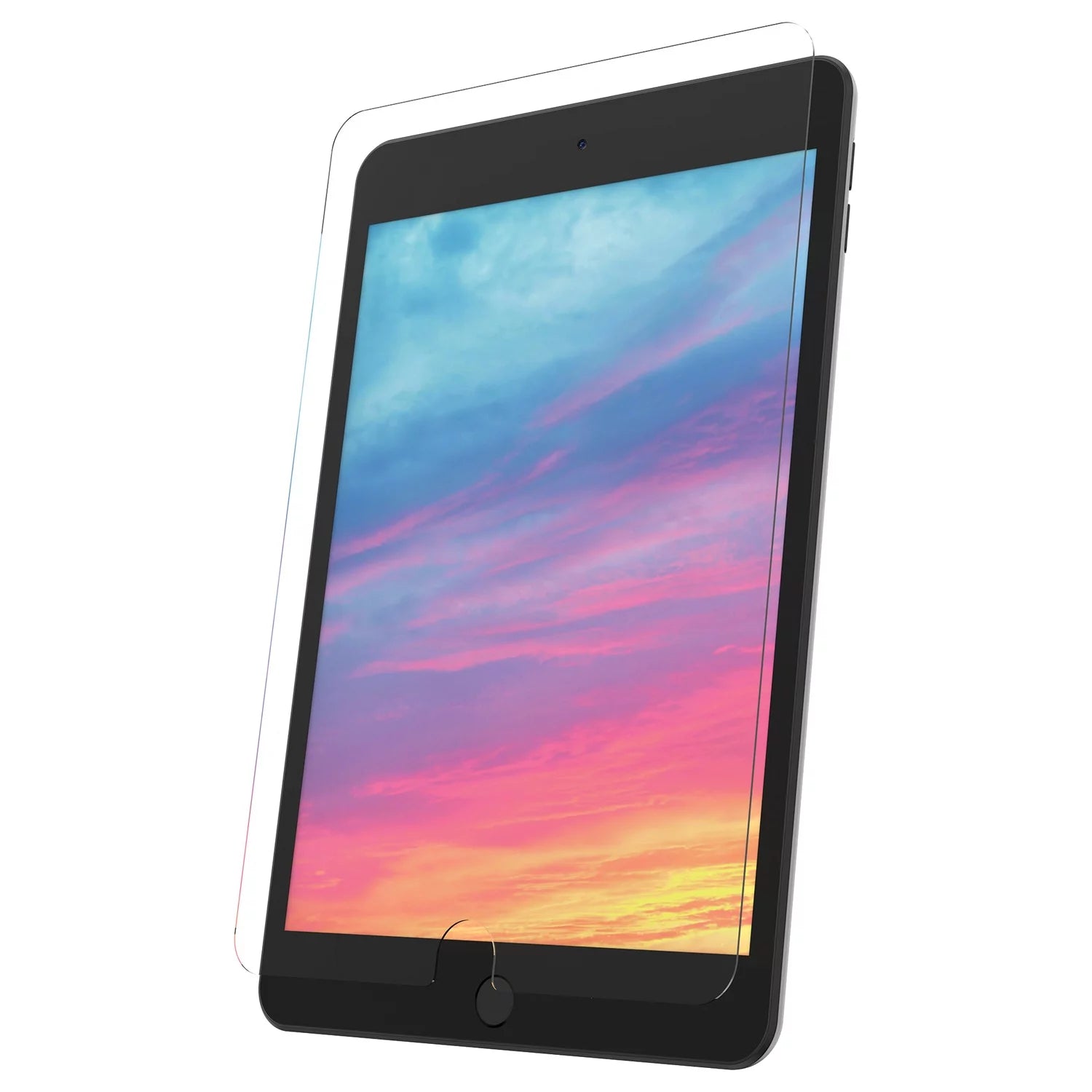 An iPad Pro with a clear screen protector applied to the screen.