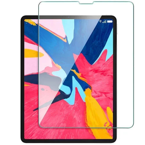 An image showing a screen protector for the iPad Pro 12.9 Inch, with a screen protector applied to the screen displaying a colorful graphic image.