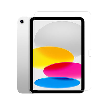 A clear tempered glass screen protector for iPad, displayed on the back of the device, indicating its transparency and fit for the screen.