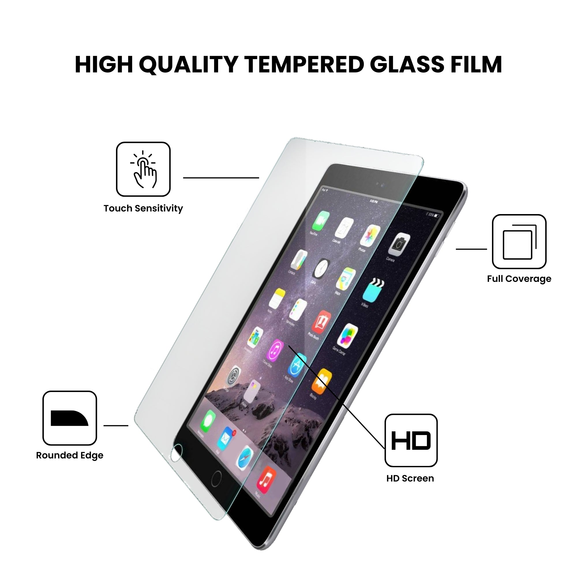 A high quality clear tempered glass screen protector for the iPad 2nd, 3rd & 4th Generation, displayed on a plain background.