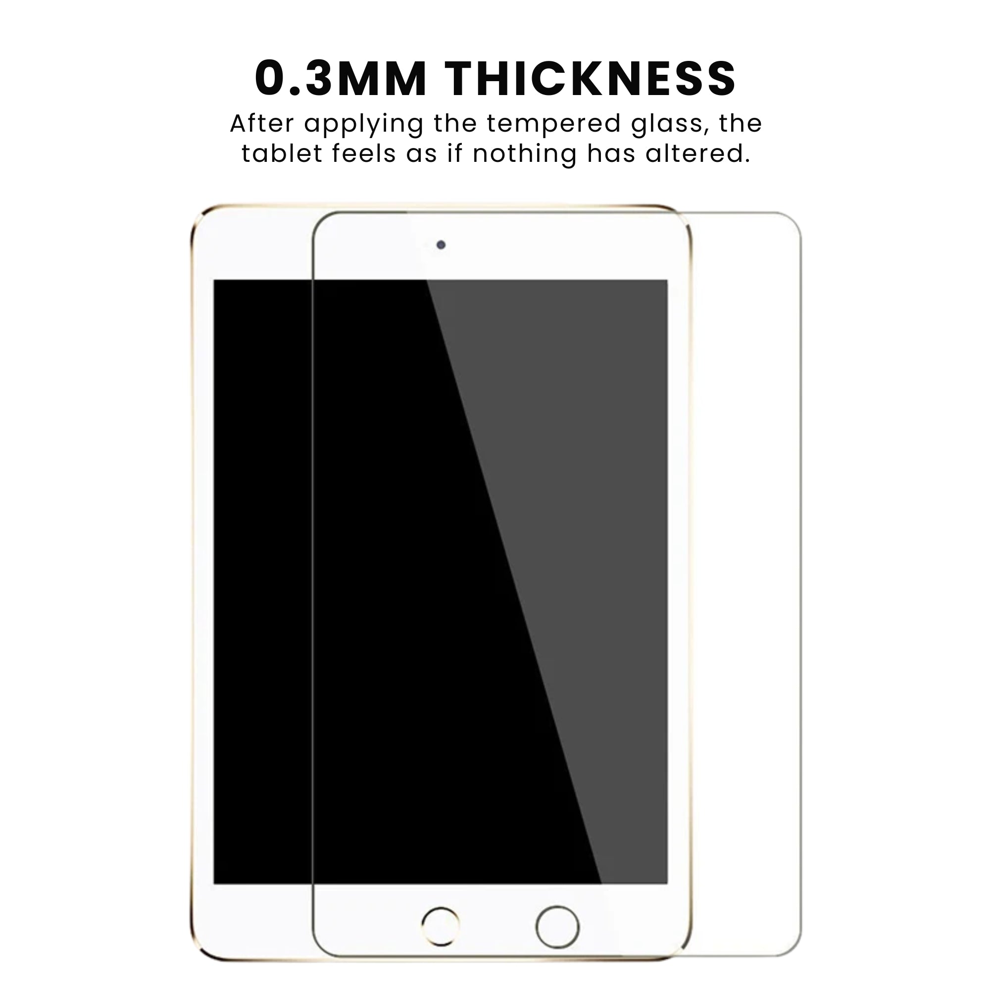 A clear tempered glass screen protector for all iPad models with 0.3mm thickness, displayed on a white background.