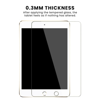 A clear tempered glass screen protector for all iPad models with 0.3mm thickness, displayed on a white background.