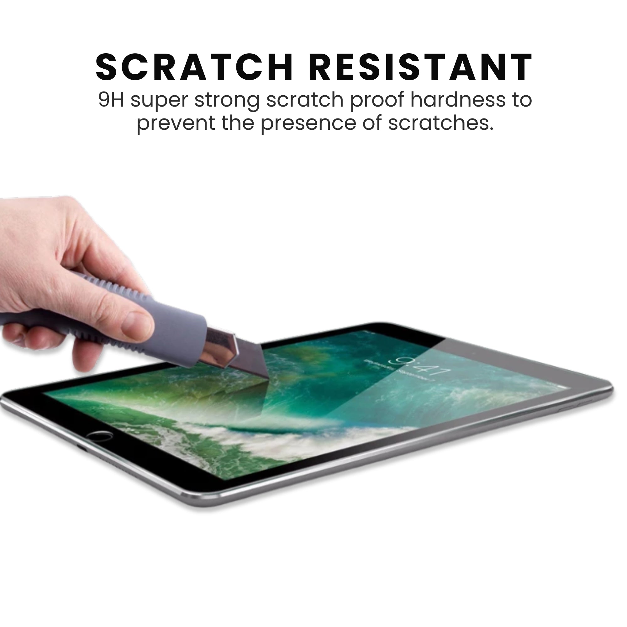 A clear tempered glass screen protector for all iPad models indicating scratch resistant screen, displayed on a white background.