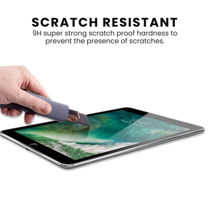 A clear tempered glass screen protector for all iPad models indicating scratch resistant screen, displayed on a white background.