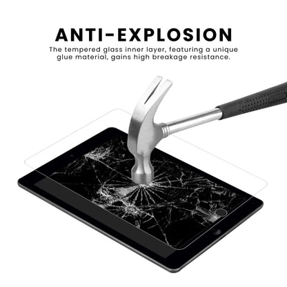 A clear tempered glass screen protector for all iPad models indicating anti-explosion or anti burst screen, displayed on a white background.