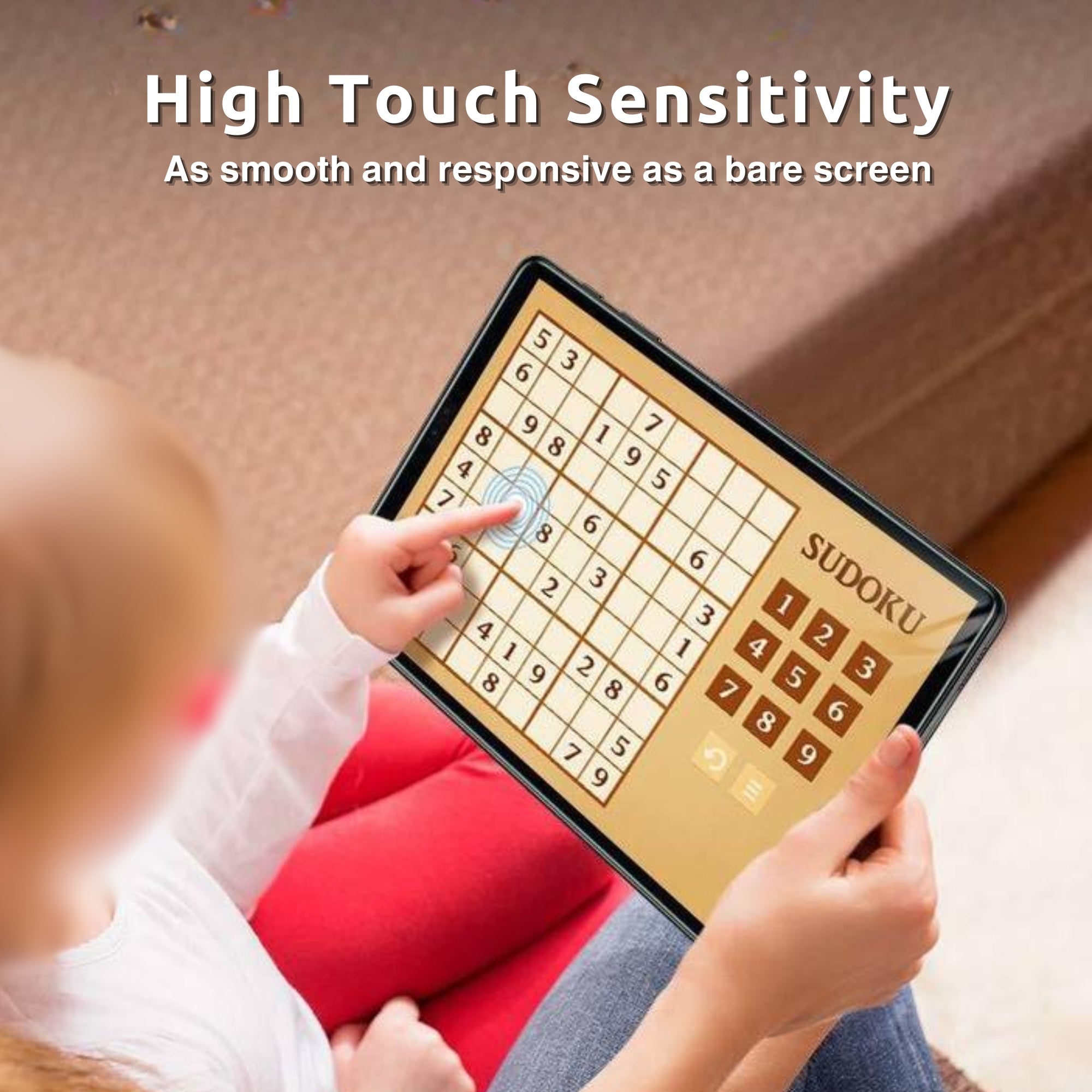 A clear tempered glass screen protector for all iPad models indicating high touch sensitivity, displayed on a white background.