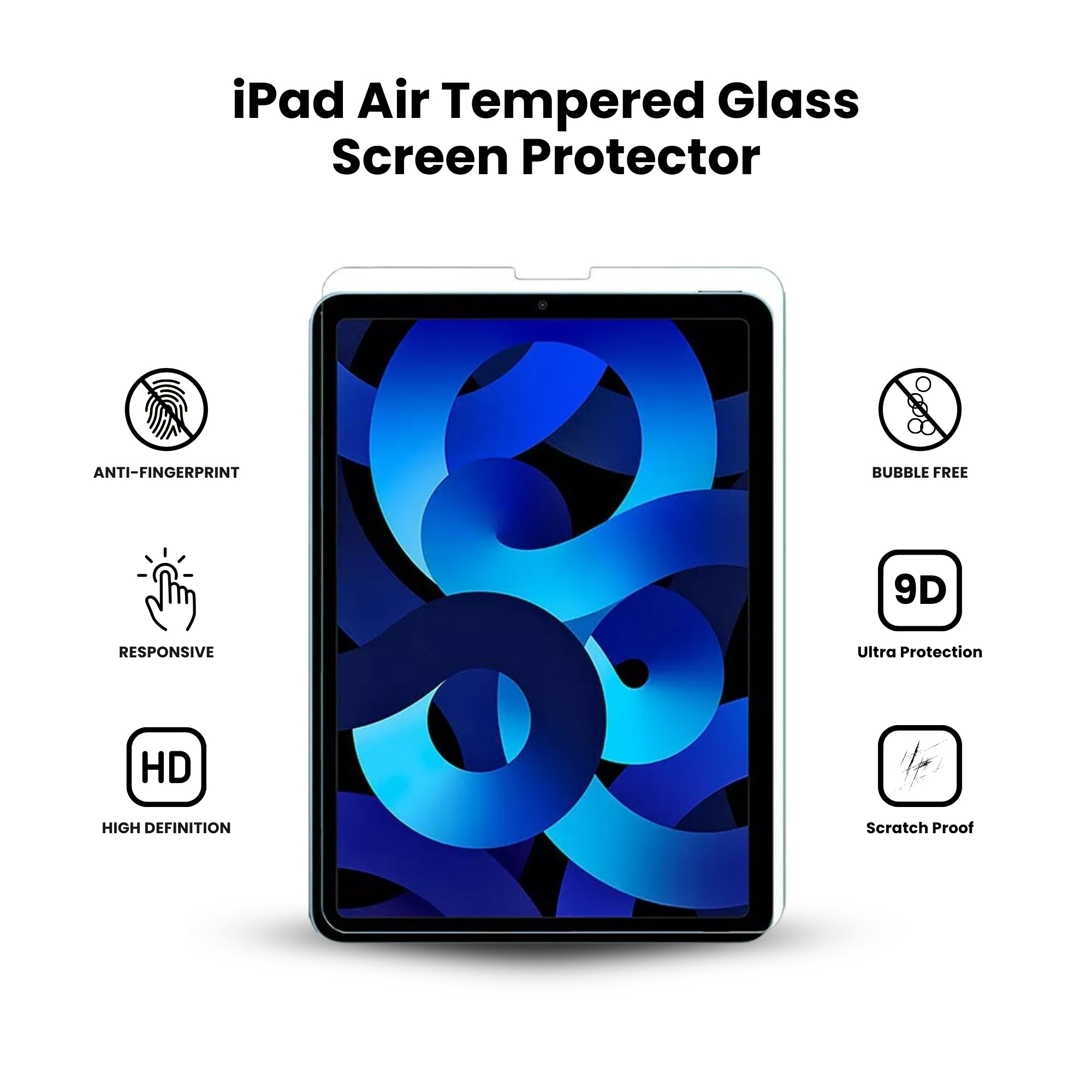 iPad Air 4 & 5 tempered glass screen protector showing all the features over a white background.