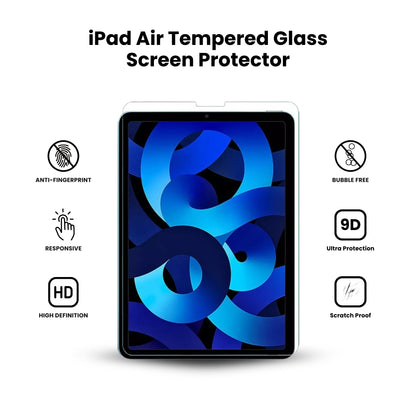 iPad Air 4 & 5 tempered glass screen protector showing all the features over a white background.