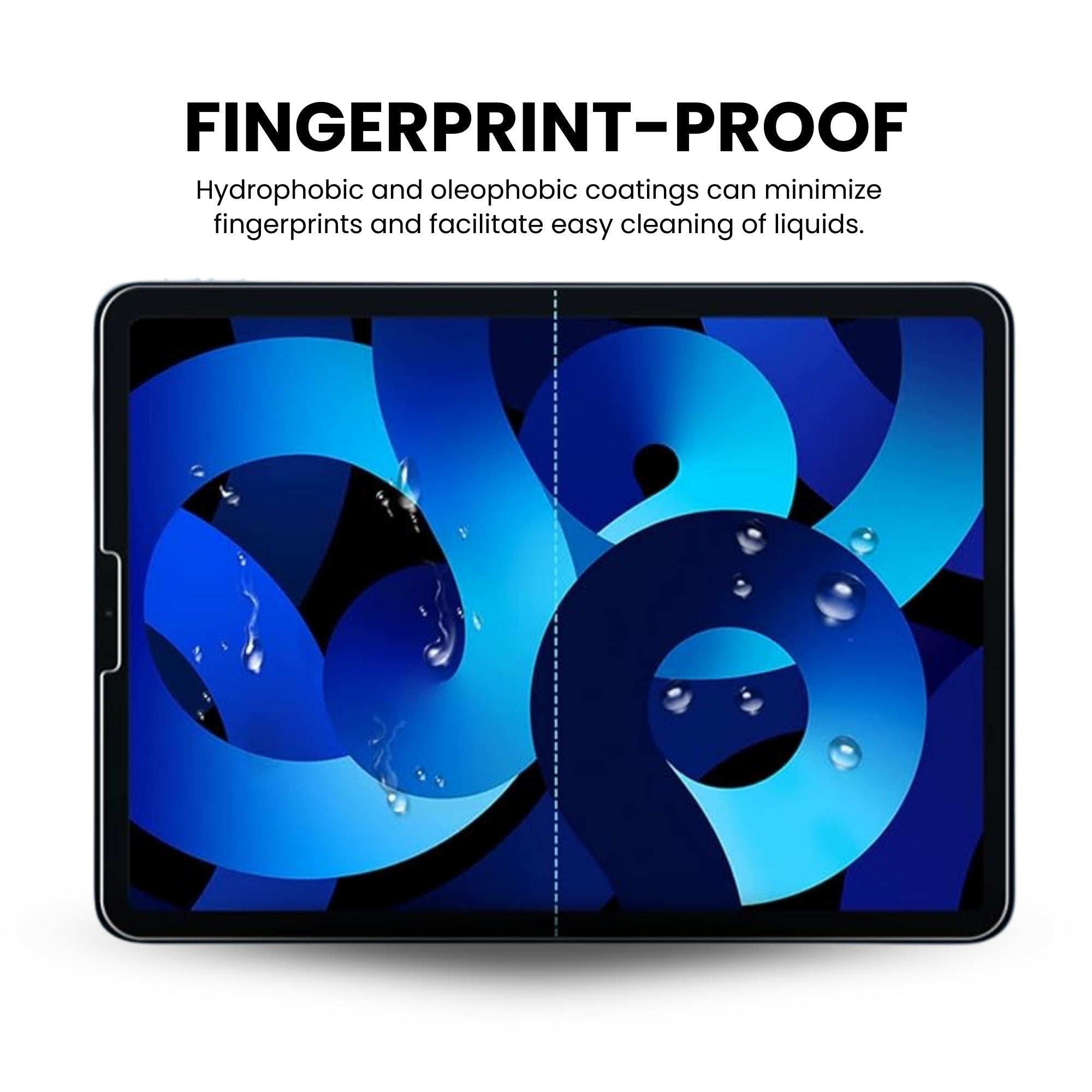 iPad Air 4 & 5 tempered glass screen protector showing fingerprint-proof feature over a white background.