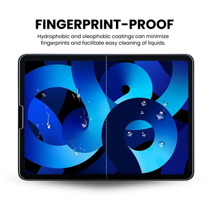 iPad Air 4 & 5 tempered glass screen protector showing fingerprint-proof feature over a white background.