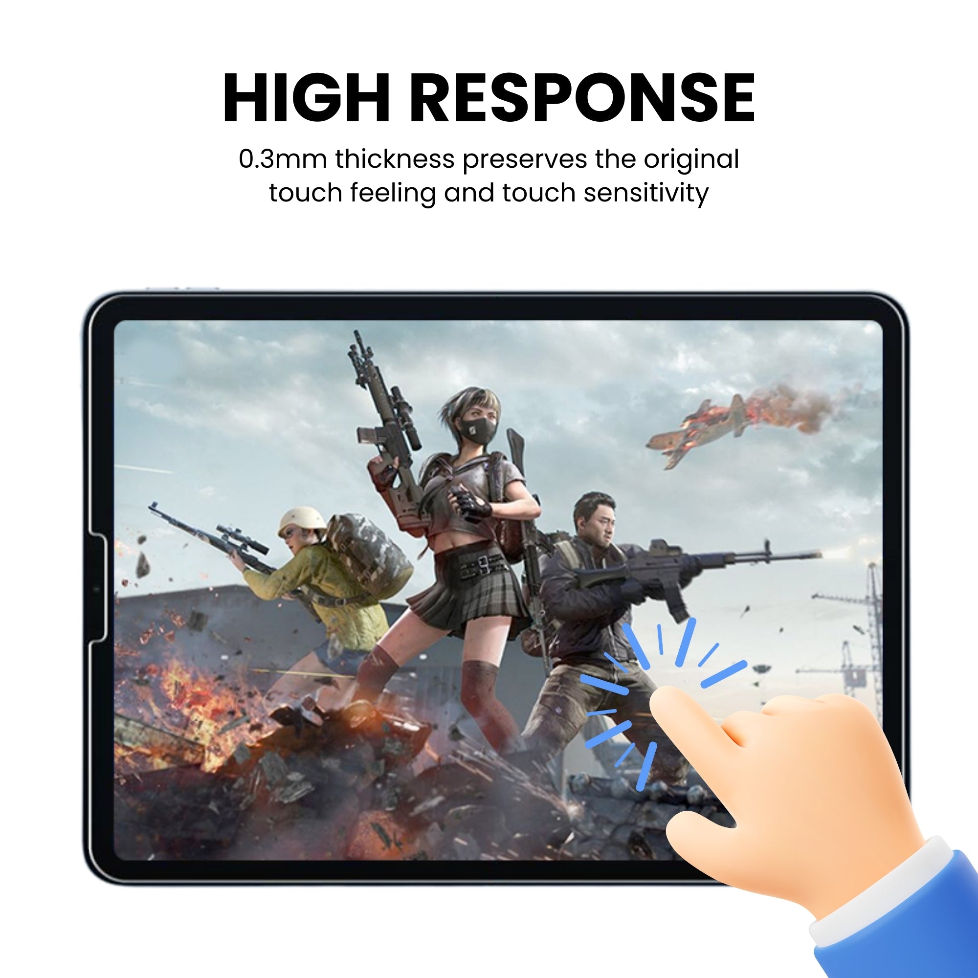 iPad Air 4 & 5 tempered glass screen protector showing high response screen over a white background.