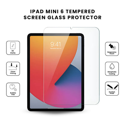 A clear tempered glass screen protector for the iPad Mini 6, displayed on the device screen.