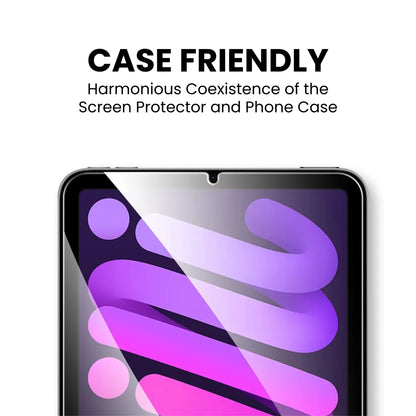 A clear tempered glass screen protector for the iPad Mini 6 indicating case friendly design, displayed on a white background.