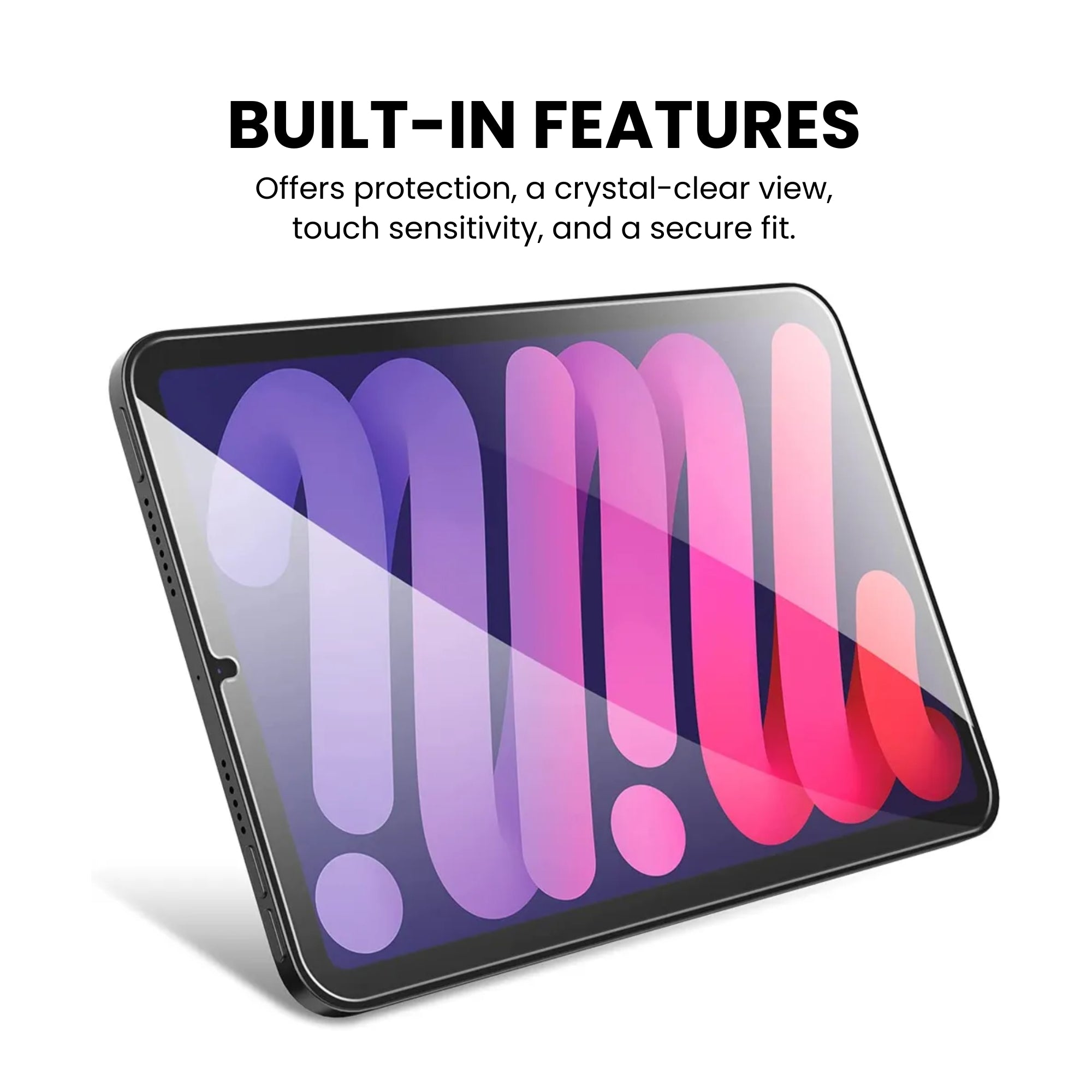 A clear tempered glass screen protector for the iPad Mini 6, displayed on a white background.