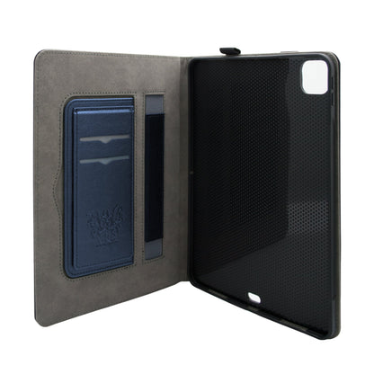 An open black PU leather wallet case for iPad with a card slot on the inside and a magnetic flap closure.