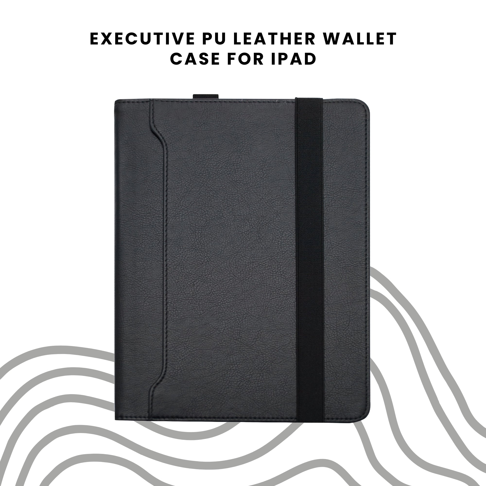 A black PU leather wallet case for iPad with a card slot on the inside and a magnetic flap closure.