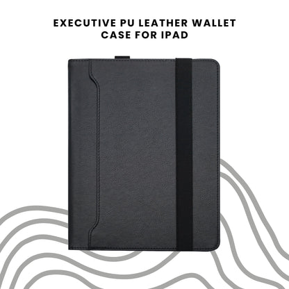 A black PU leather wallet case for iPad with a card slot on the inside and a magnetic flap closure.