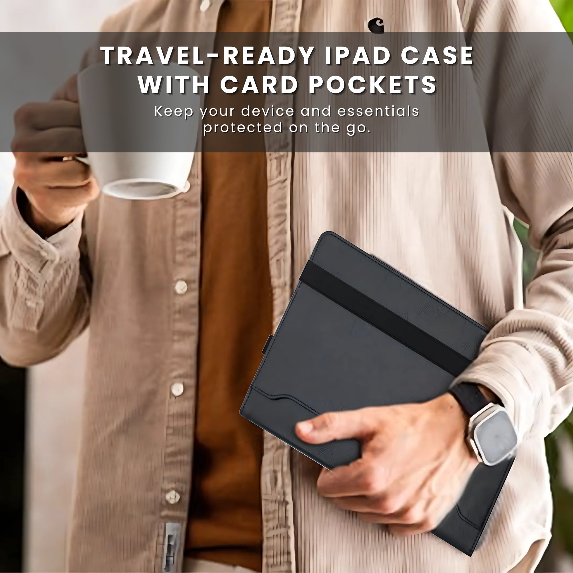 A black PU leather wallet case for iPad with a card slot on the inside and a magnetic flap closure.