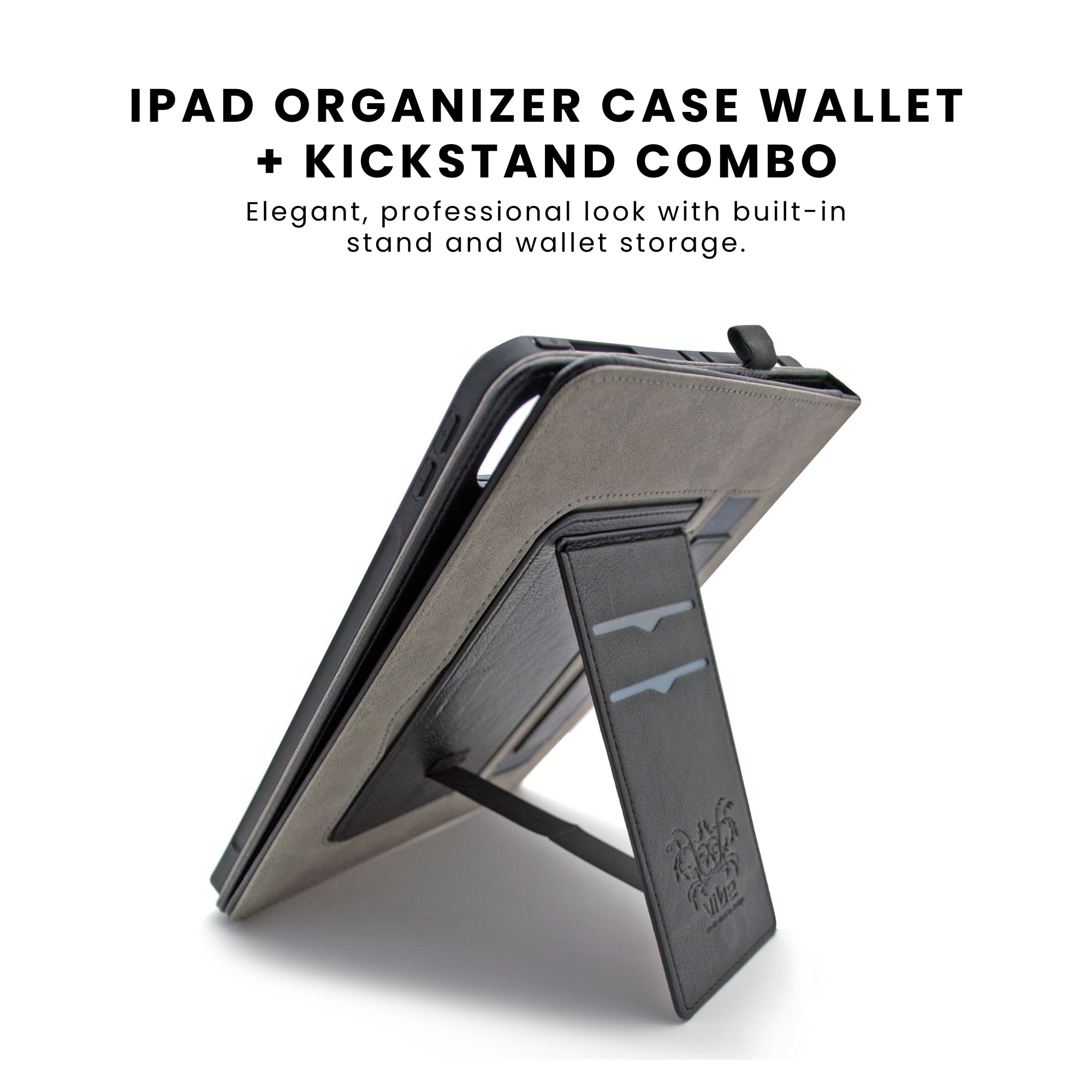A PU leather wallet case for iPad with a card slot on the inside and a magnetic flap closure.