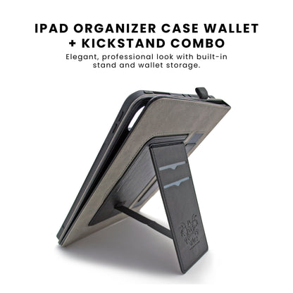 A PU leather wallet case for iPad with a card slot on the inside and a magnetic flap closure.