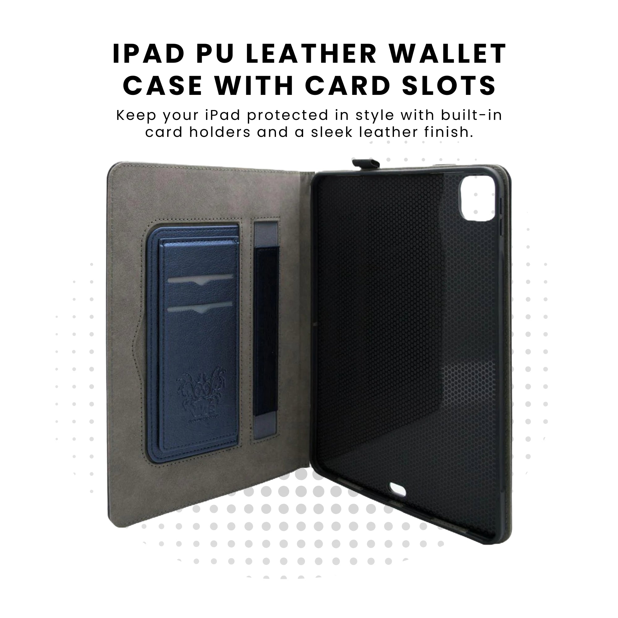 An open black PU leather wallet case for iPad with a card slot on the inside and a magnetic flap closure.
