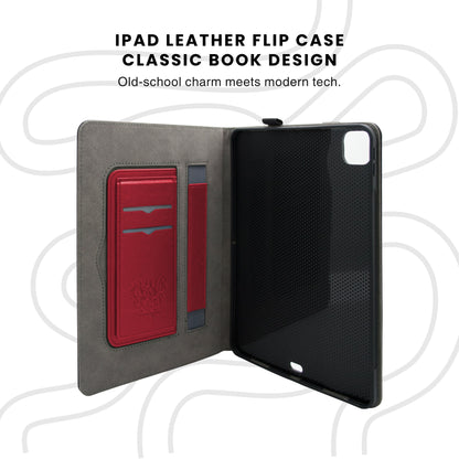 An open black PU leather wallet case for iPad with a card slot on the inside and a magnetic flap closure.