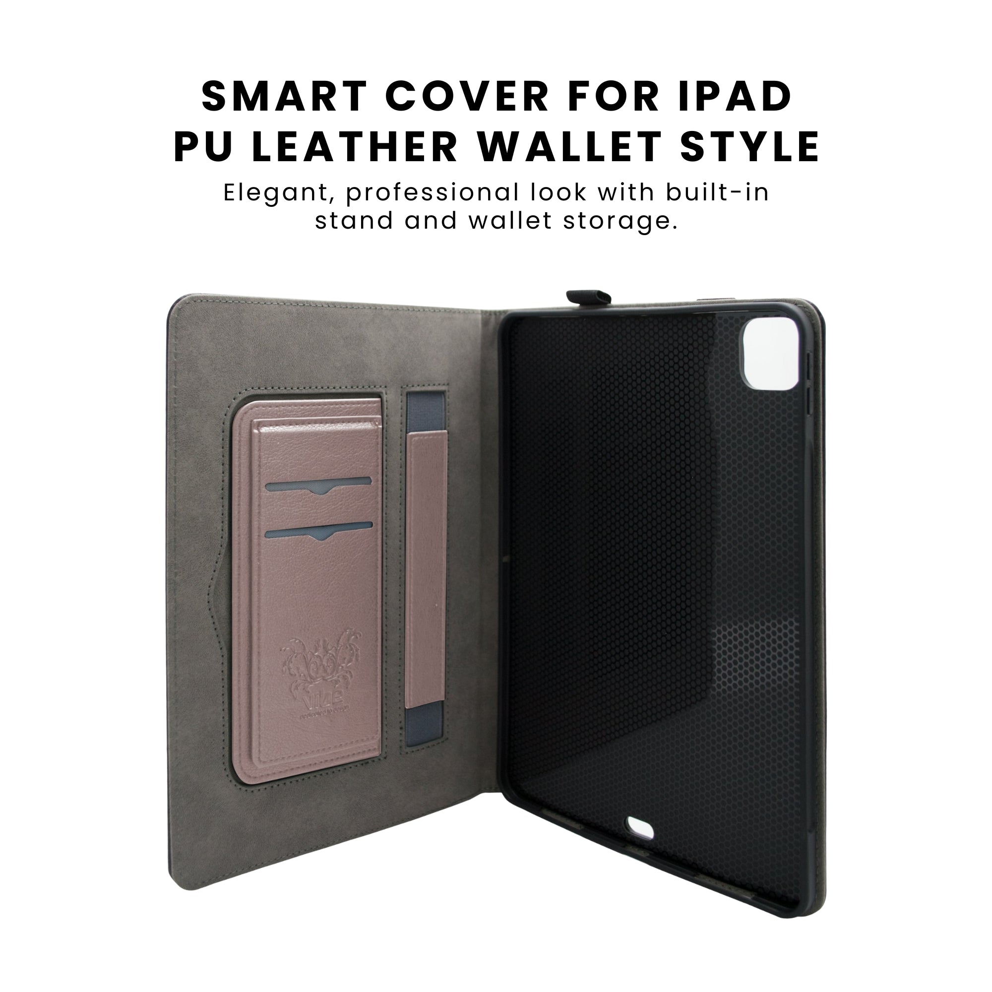 An open PU leather wallet case for iPad with a card slot on the inside and a magnetic flap closure.