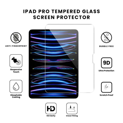 A clear tempered glass screen protector for the iPad Pro, displayed on a white background.