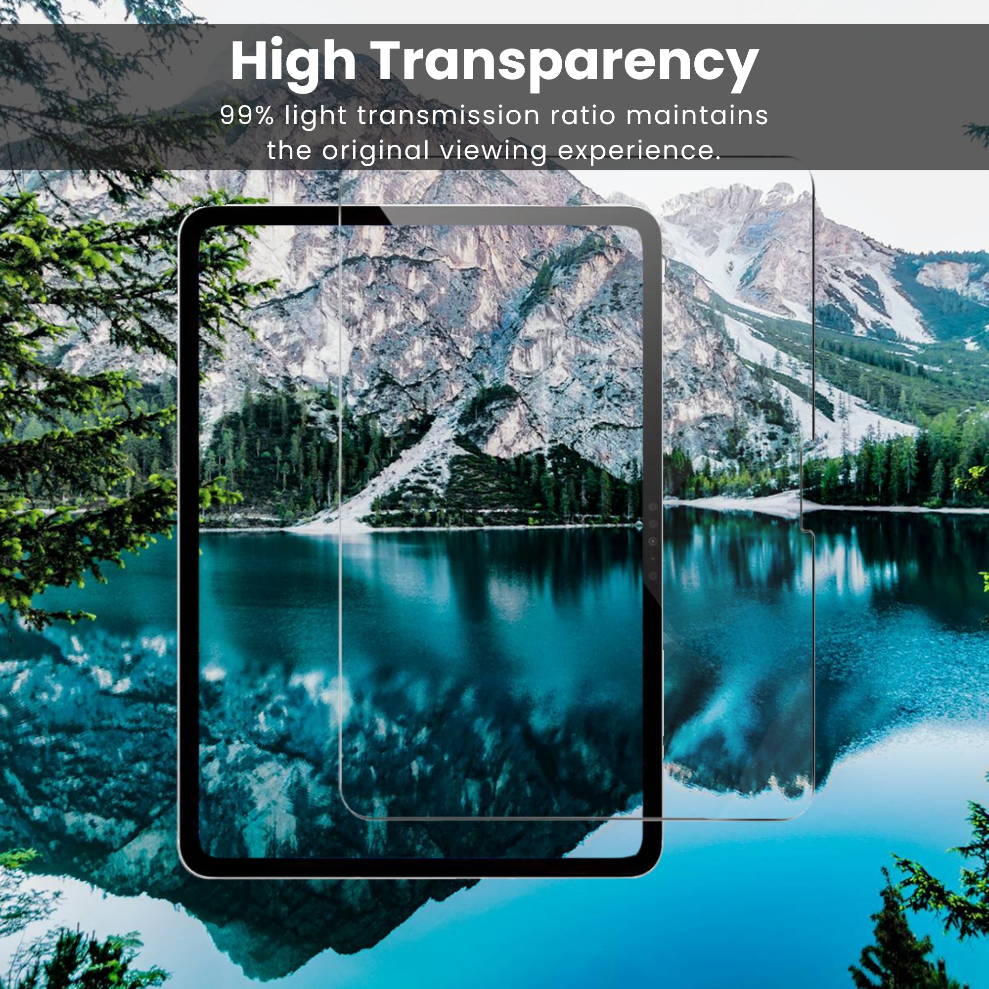 A clear tempered glass screen protector for the iPad Pro with high transparency.