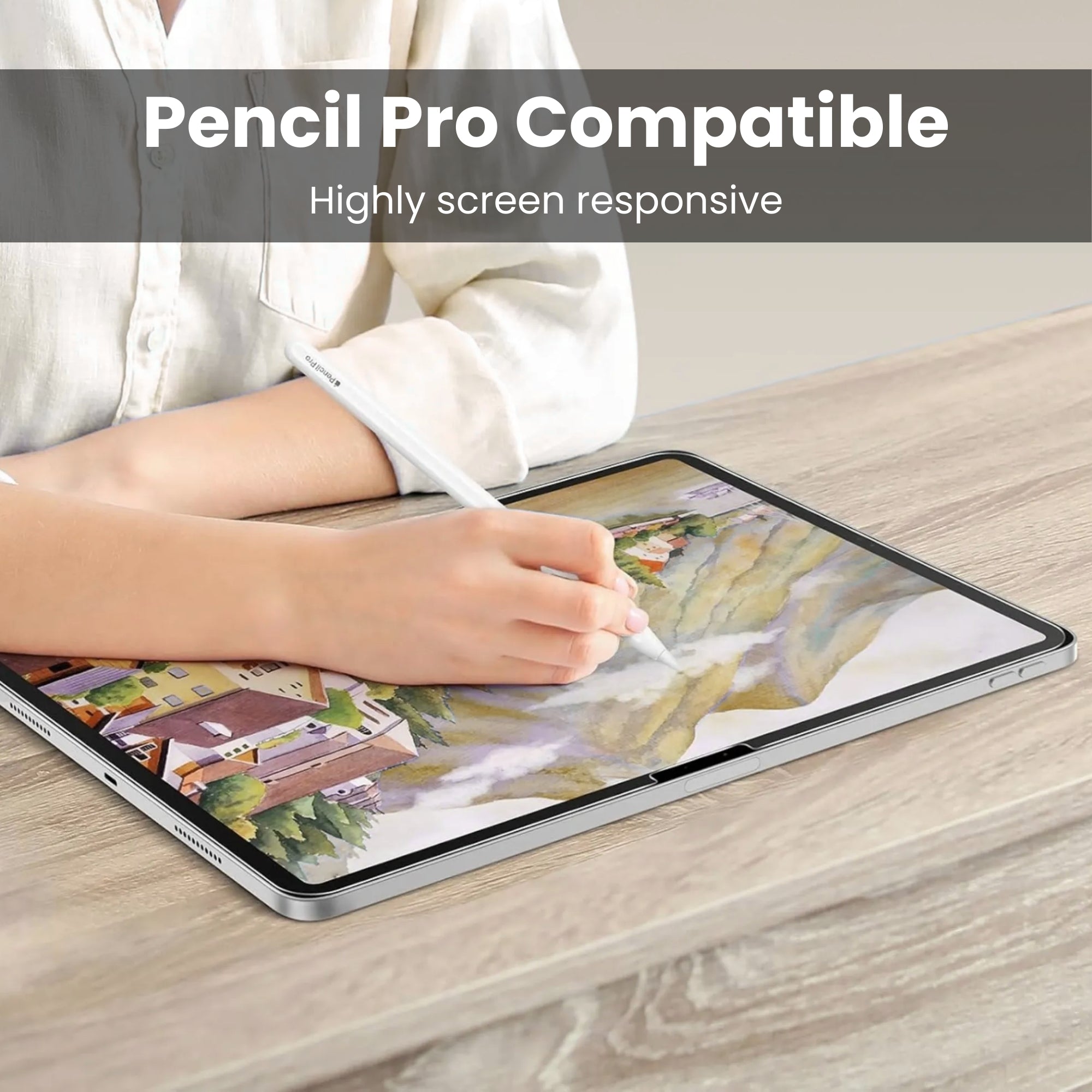 A clear tempered glass screen protector for the iPad Pro, displayed on a white background showing pencil pro compatibility.