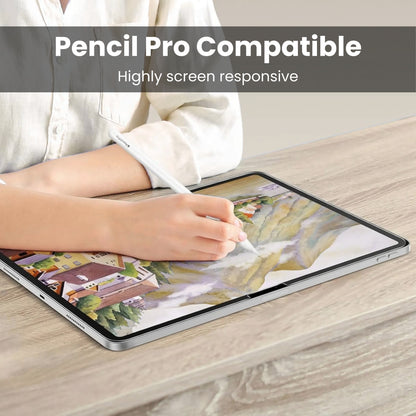 A clear tempered glass screen protector for the iPad Pro, displayed on a white background showing pencil pro compatibility.