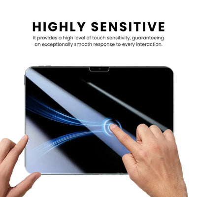 A clear tempered glass screen protector for iPad, displayed showing highly sensitive screen with the glass protector.