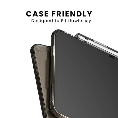 A clear tempered glass screen protector for iPad, showing case friendly design to fit.